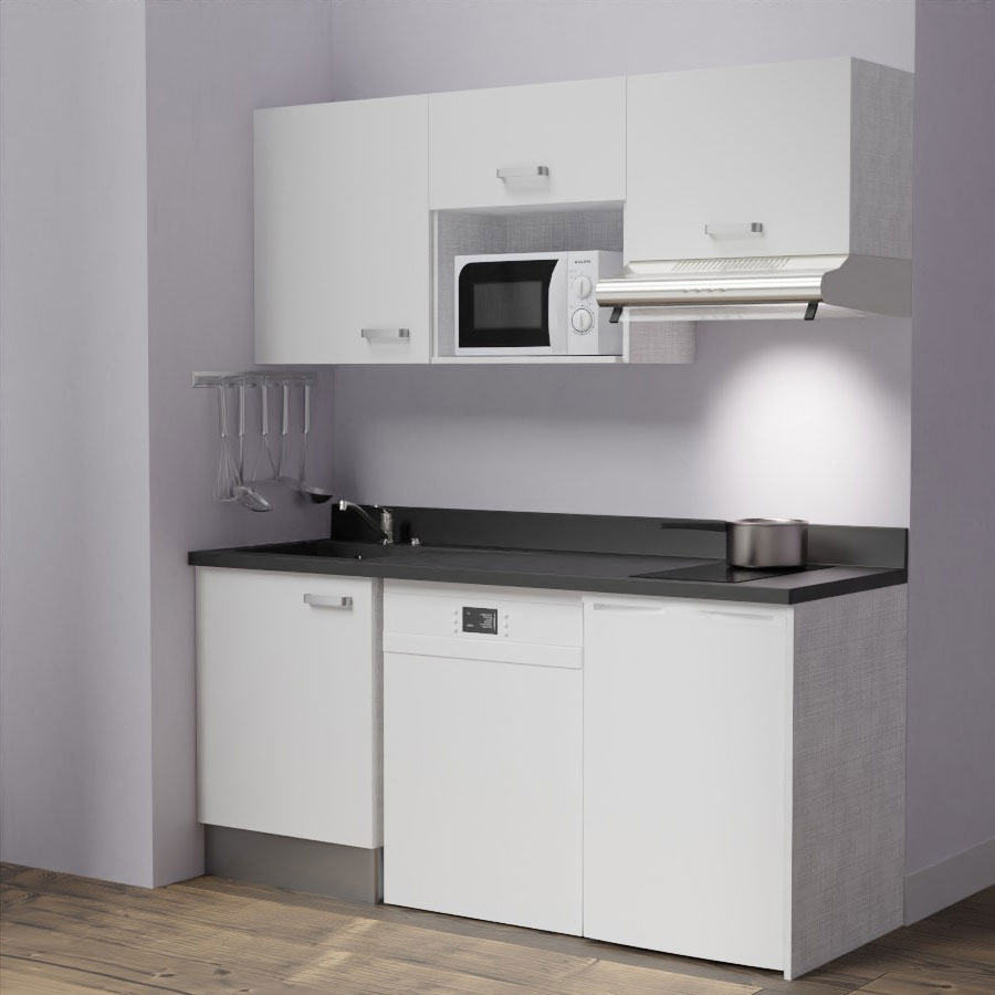 K55 : Kitchenette 180 cm meuble coloris blanc, plan de travail monobloc évier à gauche néro