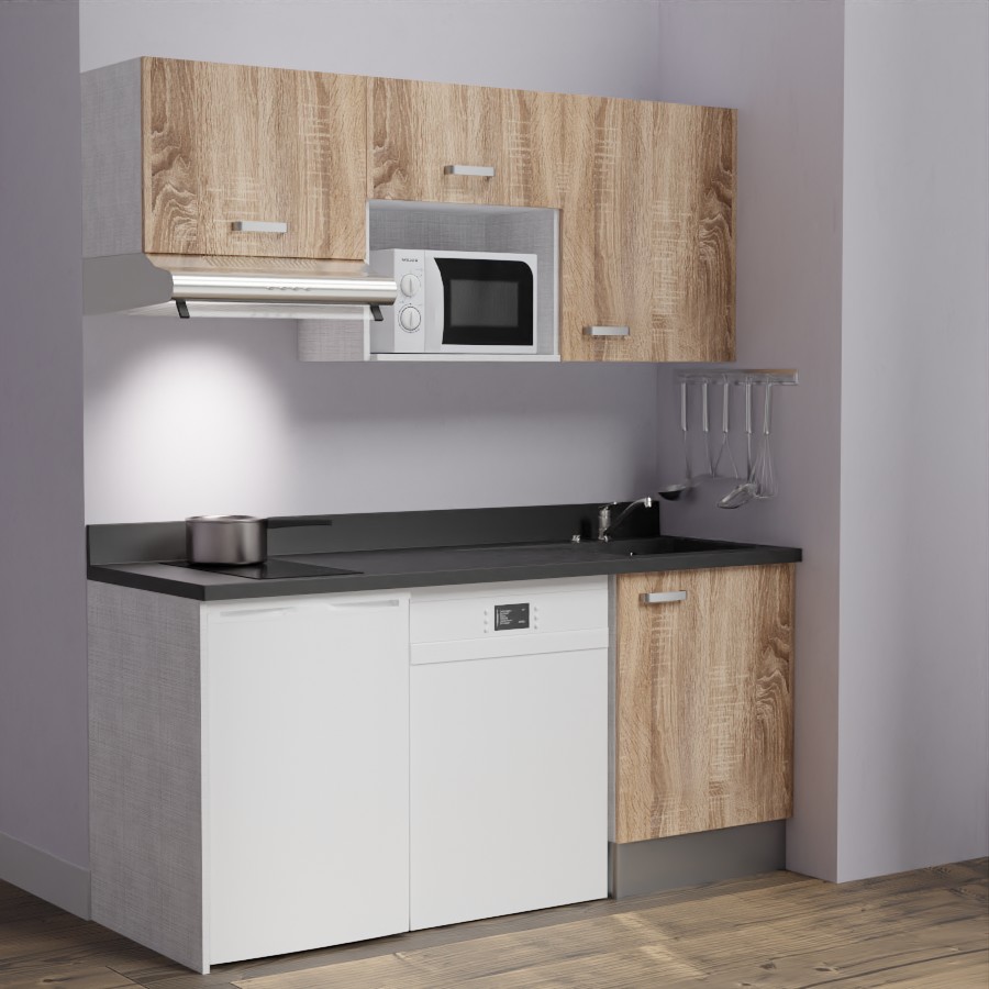 K55 : Kitchenette 180 cm meuble coloris Chêne, plan de travail monobloc évier à droite Nero