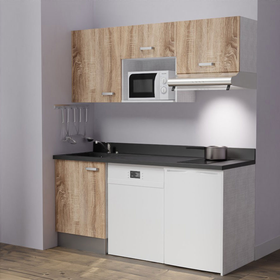 K55 : Kitchenette 180 cm meuble coloris Chêne, plan de travail monobloc évier à gauche Nero