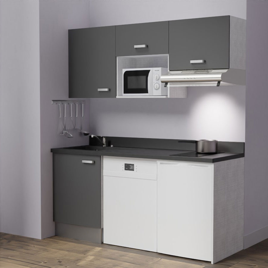 K55 : Kitchenette 180 cm meuble coloris Gris, plan de travail monobloc évier à gauche néro