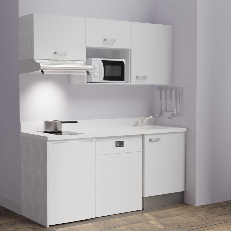K55 : Kitchenette 180 cm meuble coloris blanc, plan de travail monobloc évier à droite Snova