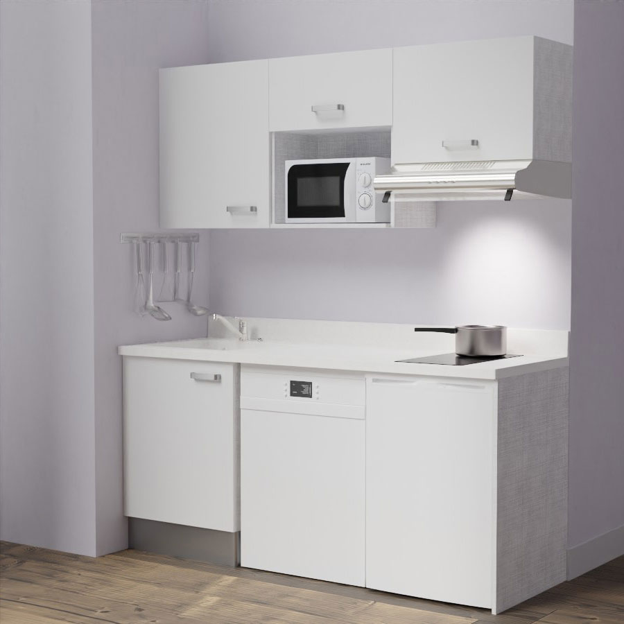 K55 : Kitchenette 180 cm meuble coloris blanc, plan de travail monobloc évier à gauche Snova