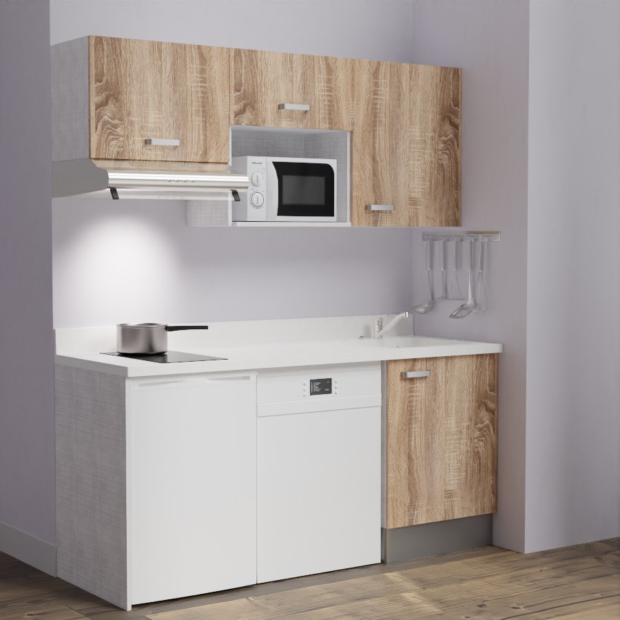 K55 : Kitchenette 180 cm meuble coloris Chêne, plan de travail monobloc évier à droite Snova