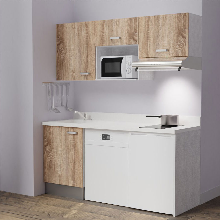 K55 : Kitchenette 180 cm meuble coloris Chêne, plan de travail monobloc évier à gauche Snova