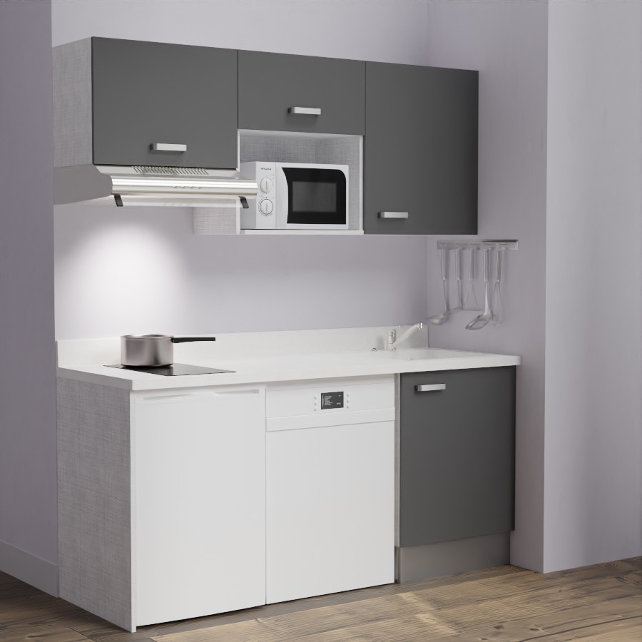 K55 : Kitchenette 180 cm meuble coloris Gris, plan de travail monobloc évier à droite Snova