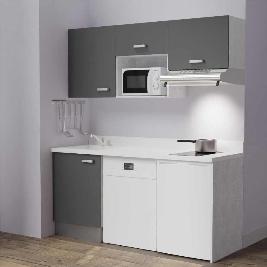 K55 : Kitchenette 180 cm meuble coloris Gris, plan de travail monobloc évier à gauche Snova