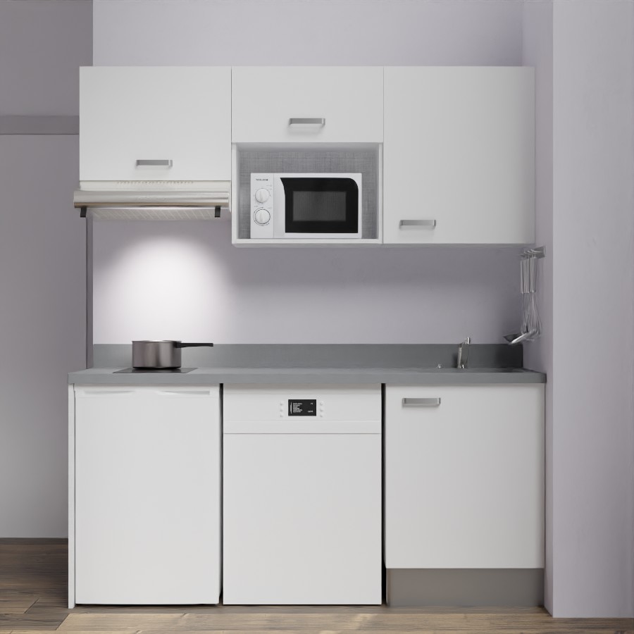 K55 : Kitchenette 180 cm meuble coloris blanc, plan de travail monobloc évier à droite cromo