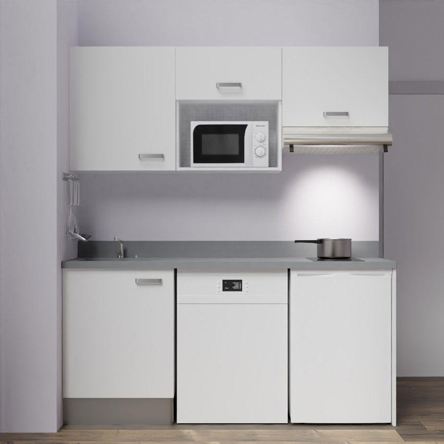 K55 : Kitchenette 180 cm meuble coloris blanc, plan de travail monobloc évier à gauche Cromo