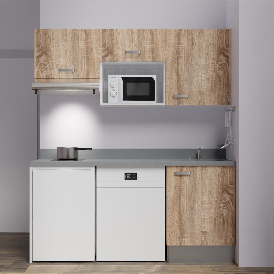 K55 : Kitchenette 180 cm meuble coloris Chêne, plan de travail monobloc évier à droite Cromo