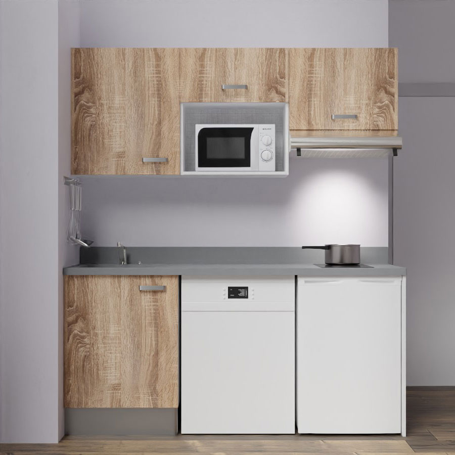 K55 : Kitchenette 180 cm meuble coloris Chêne, plan de travail monobloc évier à gauche Cromo