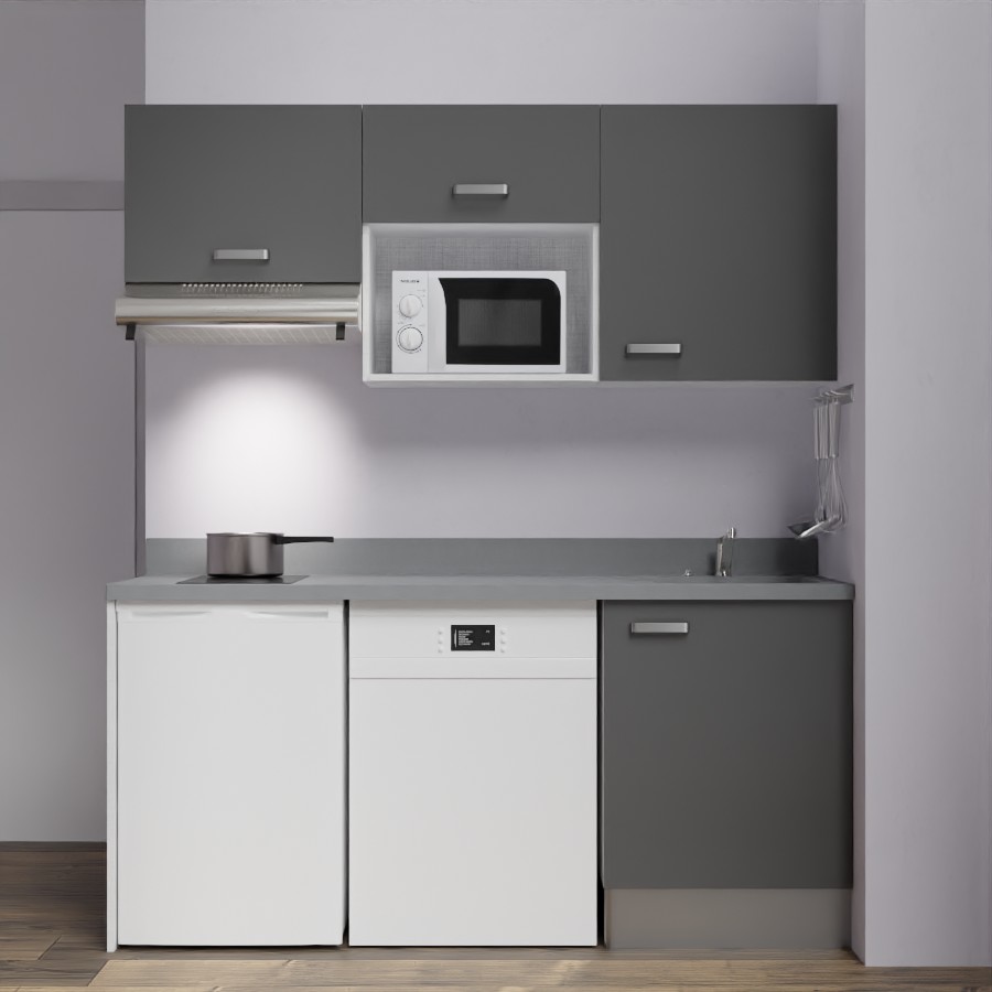 K55 : Kitchenette 180 cm meuble coloris Gris, plan de travail monobloc évier à droite Cromo