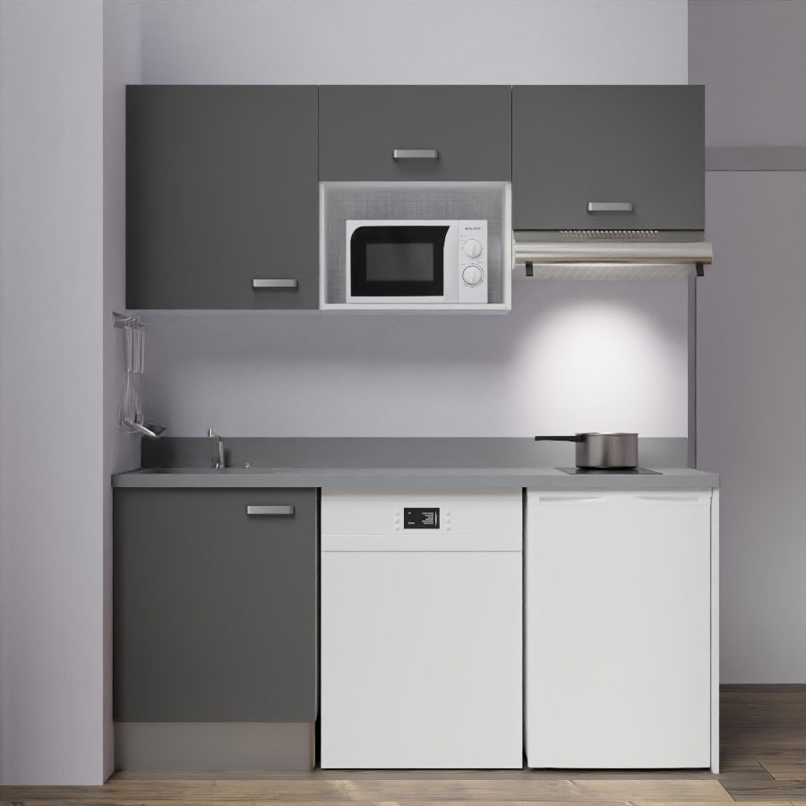 K55 : Kitchenette 180 cm meuble coloris Gris, plan de travail monobloc évier à gauche Cromo