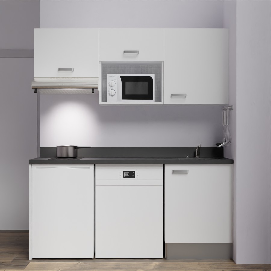 K55 : Kitchenette 180 cm meuble coloris blanc, plan de travail monobloc évier à droite néro