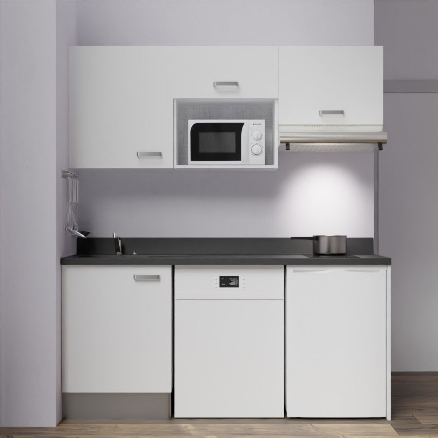 K55 : Kitchenette 180 cm meuble coloris blanc, plan de travail monobloc évier à gauche néro