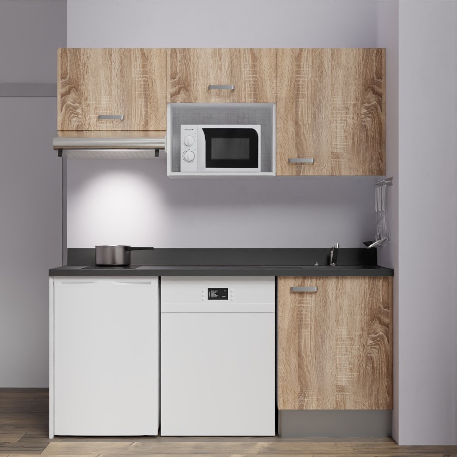 K55 : Kitchenette 180 cm meuble coloris Chêne, plan de travail monobloc évier à droite Nero