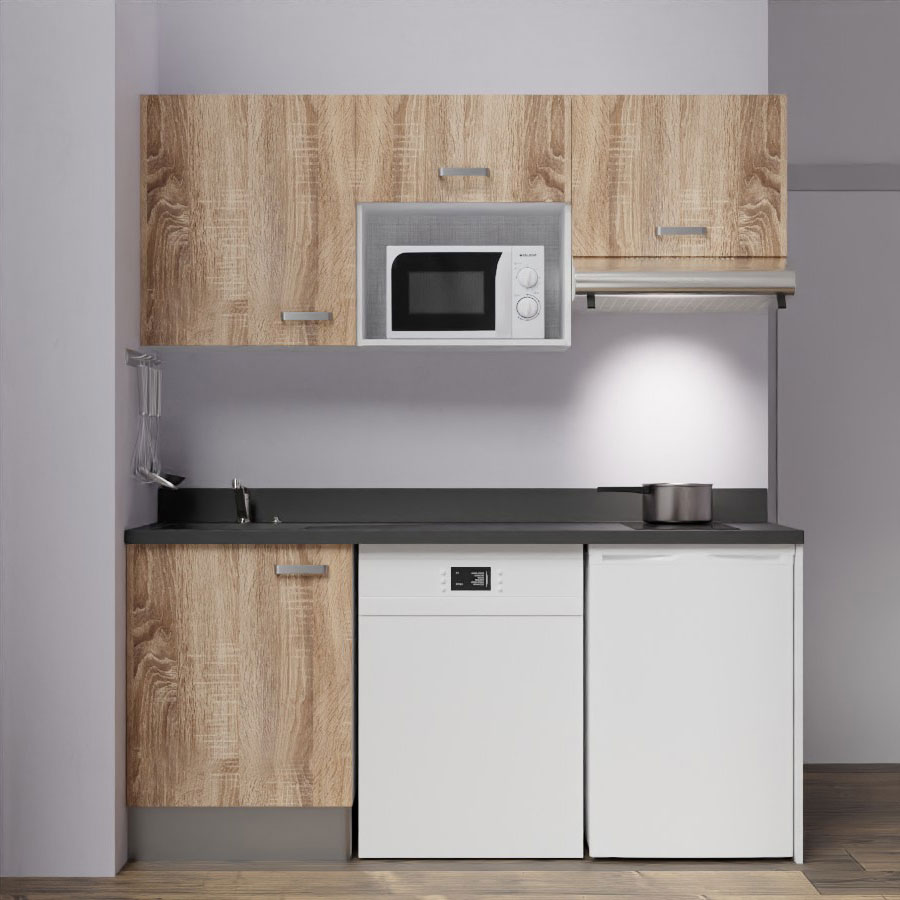 K55 : Kitchenette 180 cm meuble coloris Chêne, plan de travail monobloc évier à gauche Nero