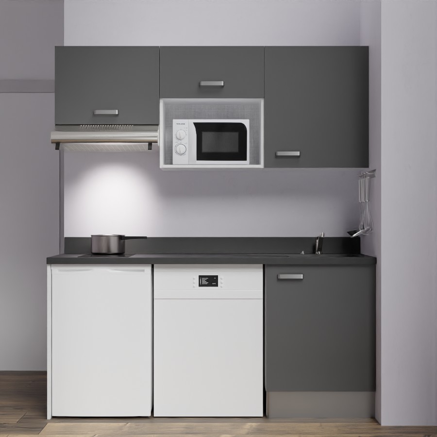 K55 : Kitchenette 180 cm meuble coloris Gris, plan de travail monobloc évier à droite néro