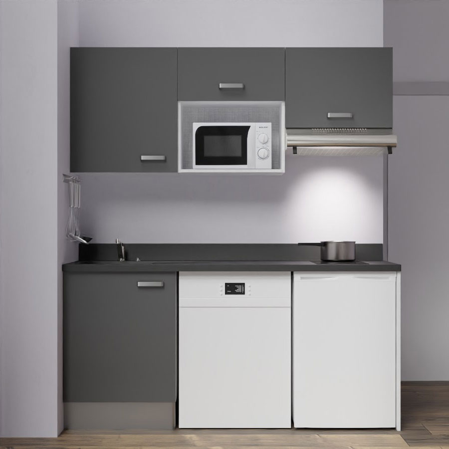 K55 : Kitchenette 180 cm meuble coloris Gris, plan de travail monobloc évier à gauche néro