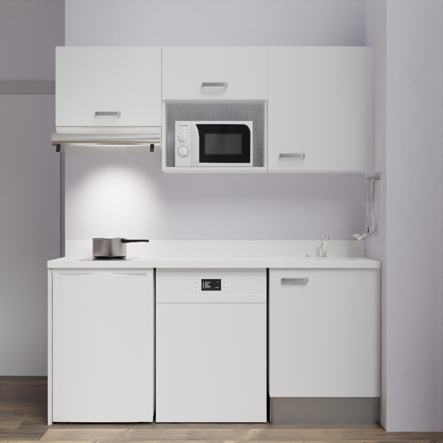 K55 : Kitchenette 180 cm meuble coloris blanc, plan de travail monobloc évier à droite Snova