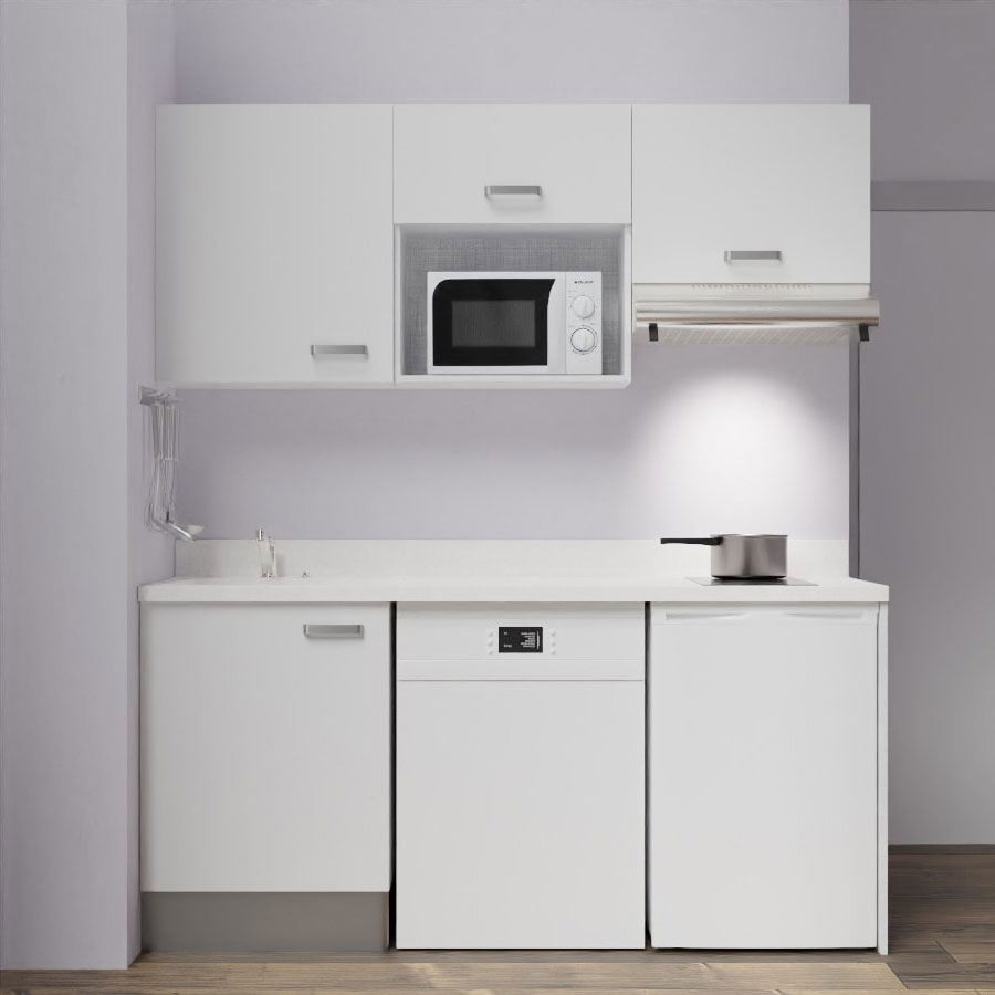 K55 : Kitchenette 180 cm meuble coloris blanc, plan de travail monobloc évier à gauche Snova