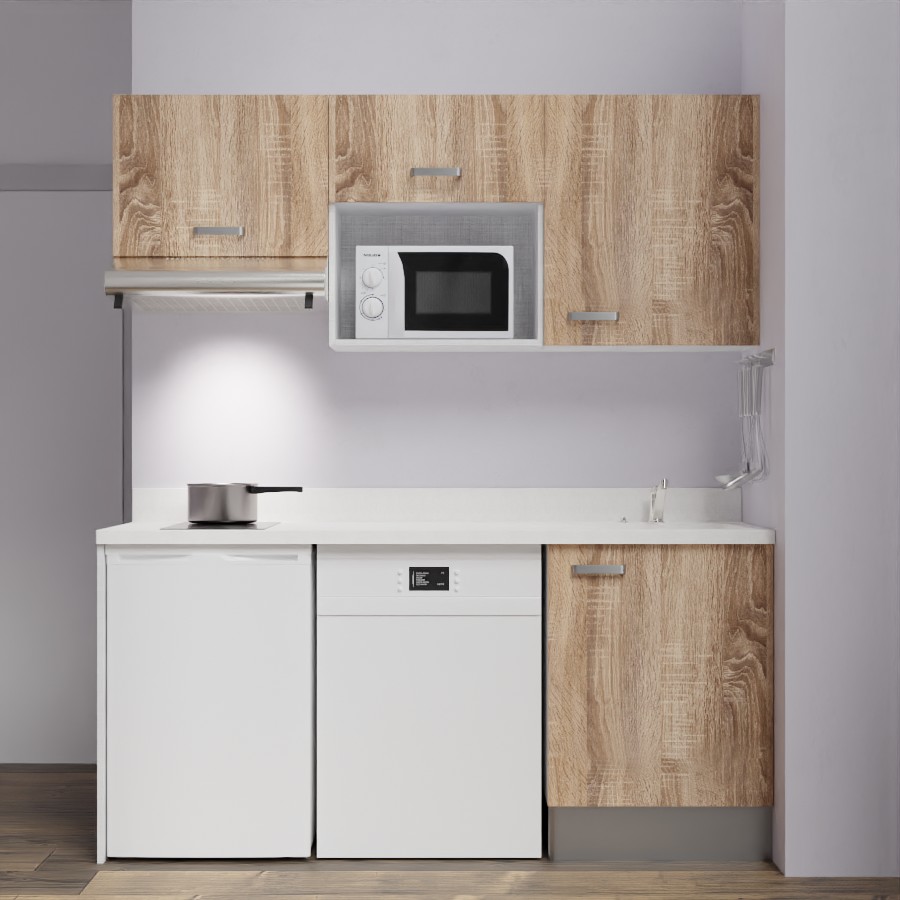 K55 : Kitchenette 180 cm meuble coloris Chêne, plan de travail monobloc évier à droite Snova