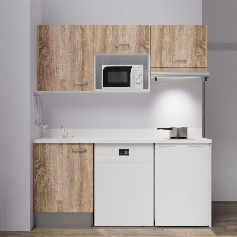 K55 : Kitchenette 180 cm meuble coloris Chêne, plan de travail monobloc évier à gauche Snova