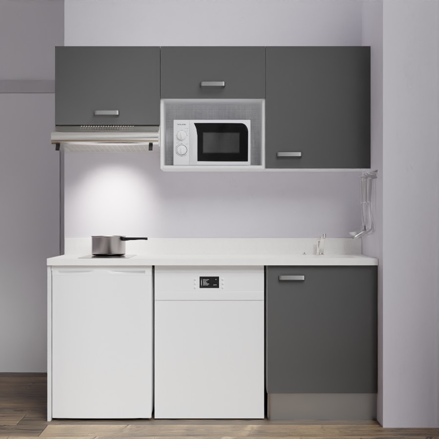 K55 : Kitchenette 180 cm meuble coloris Gris, plan de travail monobloc évier à droite Snova