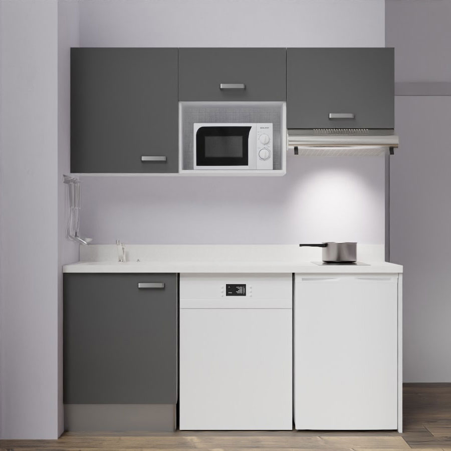 K55 : Kitchenette 180 cm meuble coloris Gris, plan de travail monobloc évier à gauche Snova