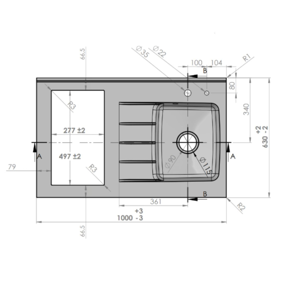 K00L : Kitchenette 100 cm Gris, plan de travail monobloc évier à droite Nero