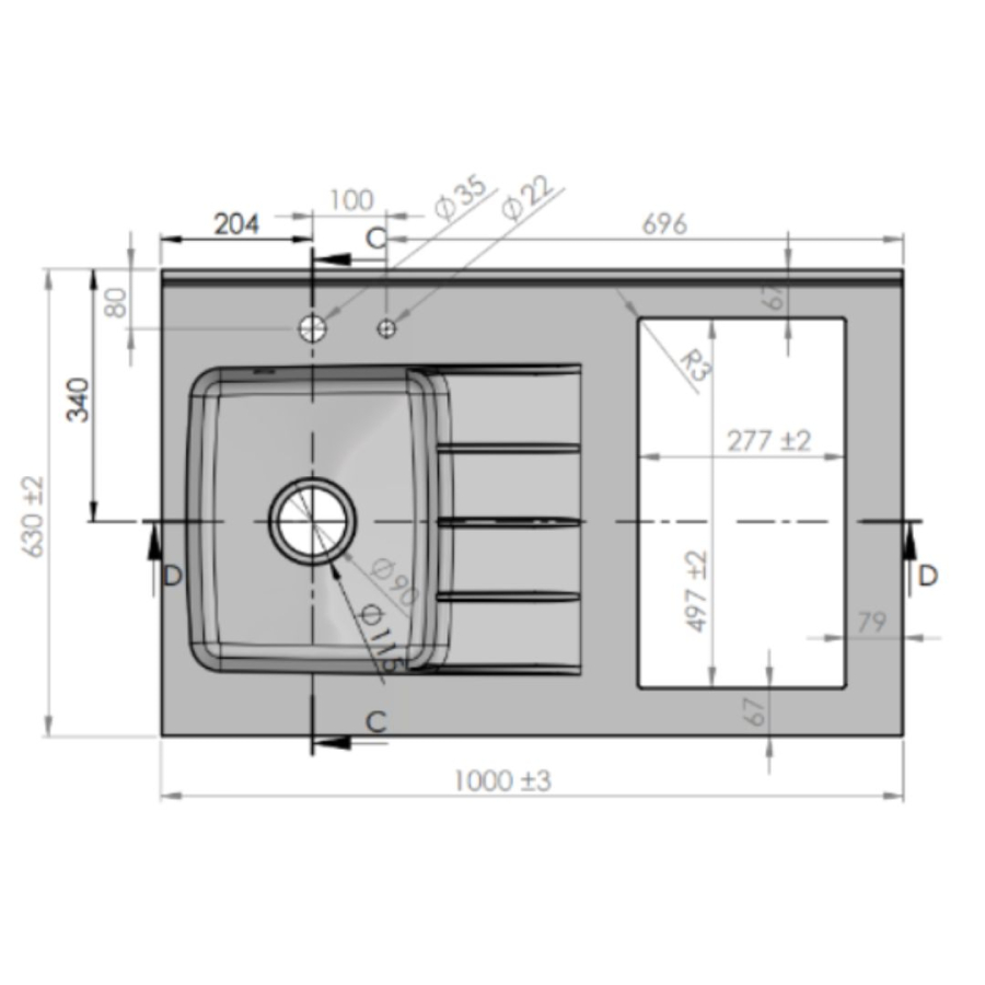 K00L : Kitchenette 100 cm Gris, plan de travail monobloc évier à gauche Cromo