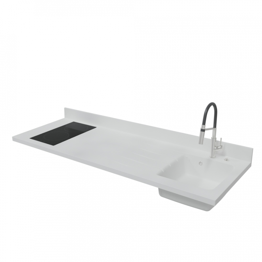 Plan de travail monobloc 180 cm avec évier à droite en quartz blanc inclus dans la composition de la Kitchenette K22 