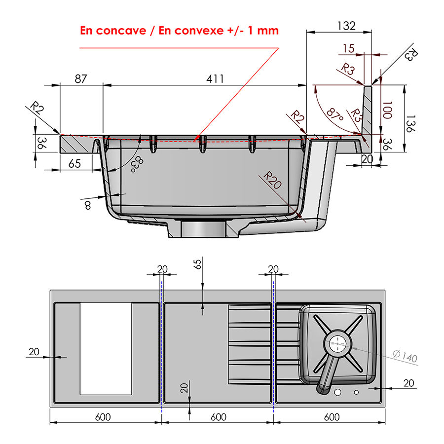 Plan de travail monobloc 180 cm blanc évier à droite