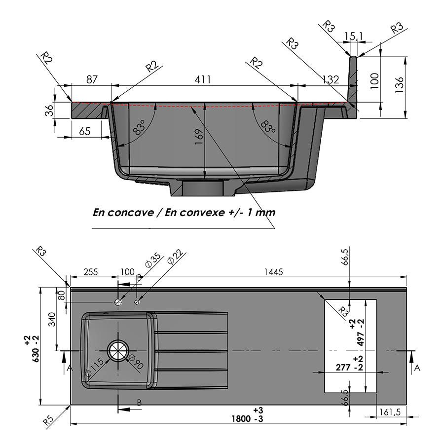 K30L : Kitchenette 180 cm Blanc, plan de travail monobloc évier à gauche  Néro - Creazur Pro