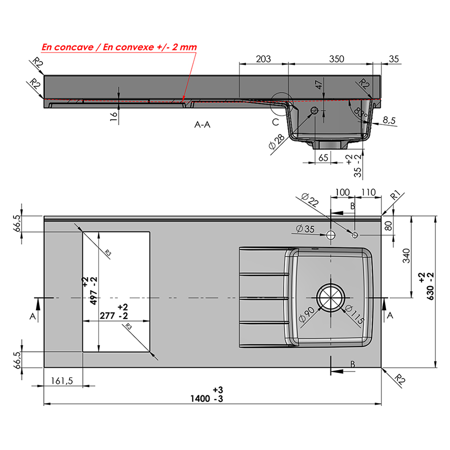 Plan de travail monobloc 140 cm blanc évier à droite