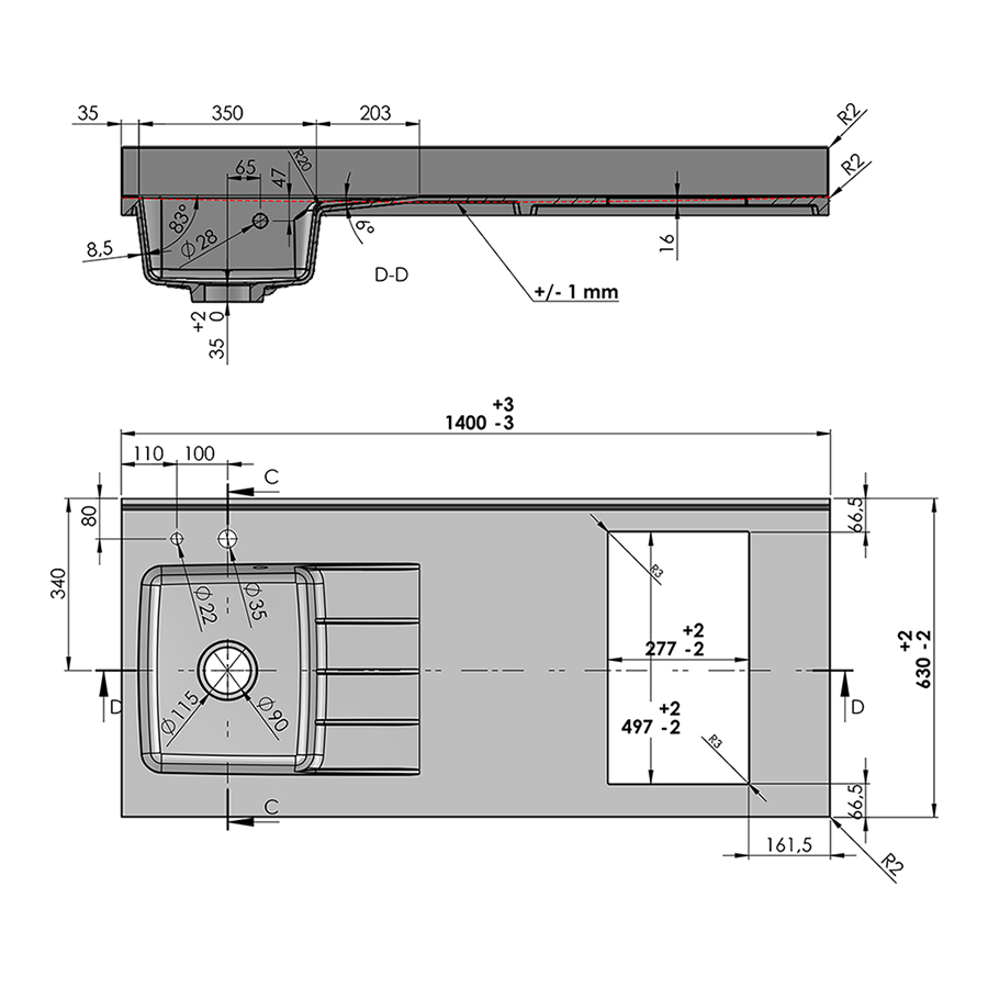 Plan de travail monobloc 140 cm blanc évier à gauche