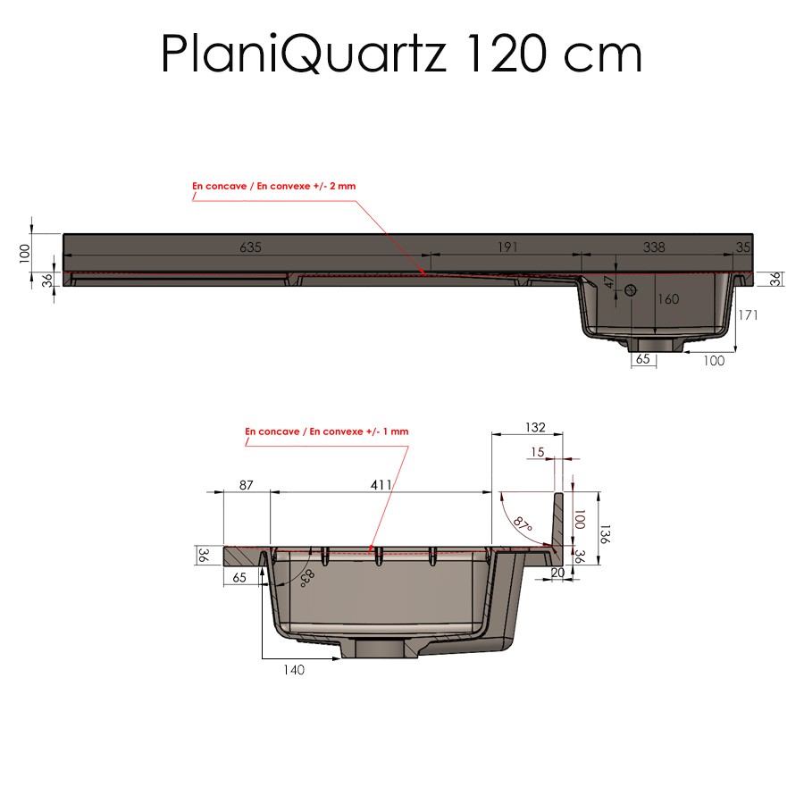 Plan de travail monobloc 120 cm schéma