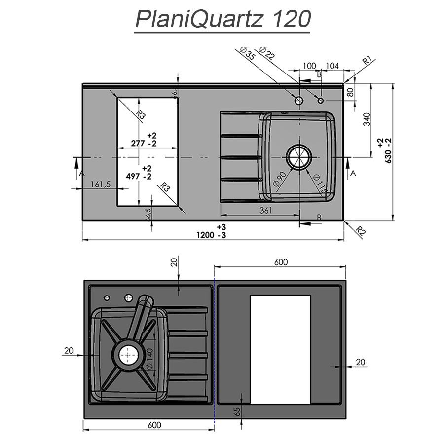 Plan de travail monobloc 120 cm schéma