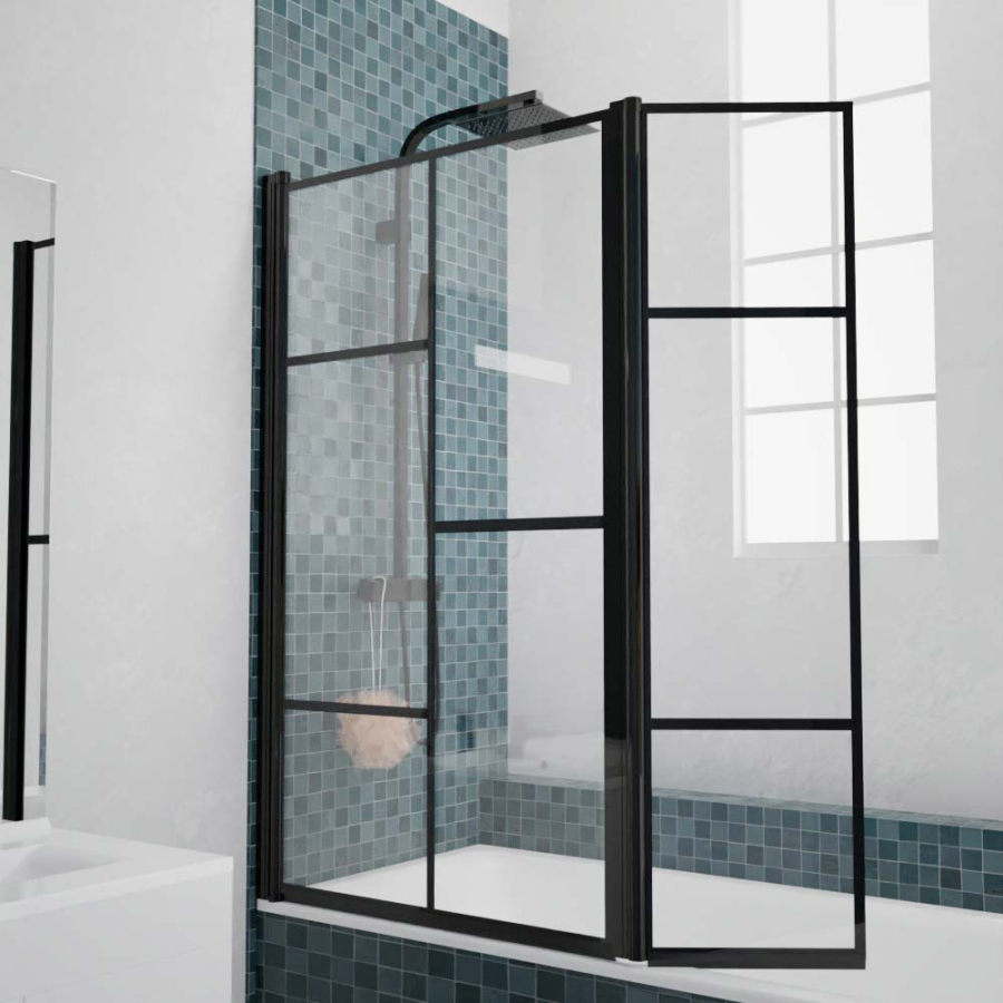 Pare-baignoire ATELIA profilé mural noir et verre sérigraphie style verrière - largeur 80 cm + volet pivotant 40 cm