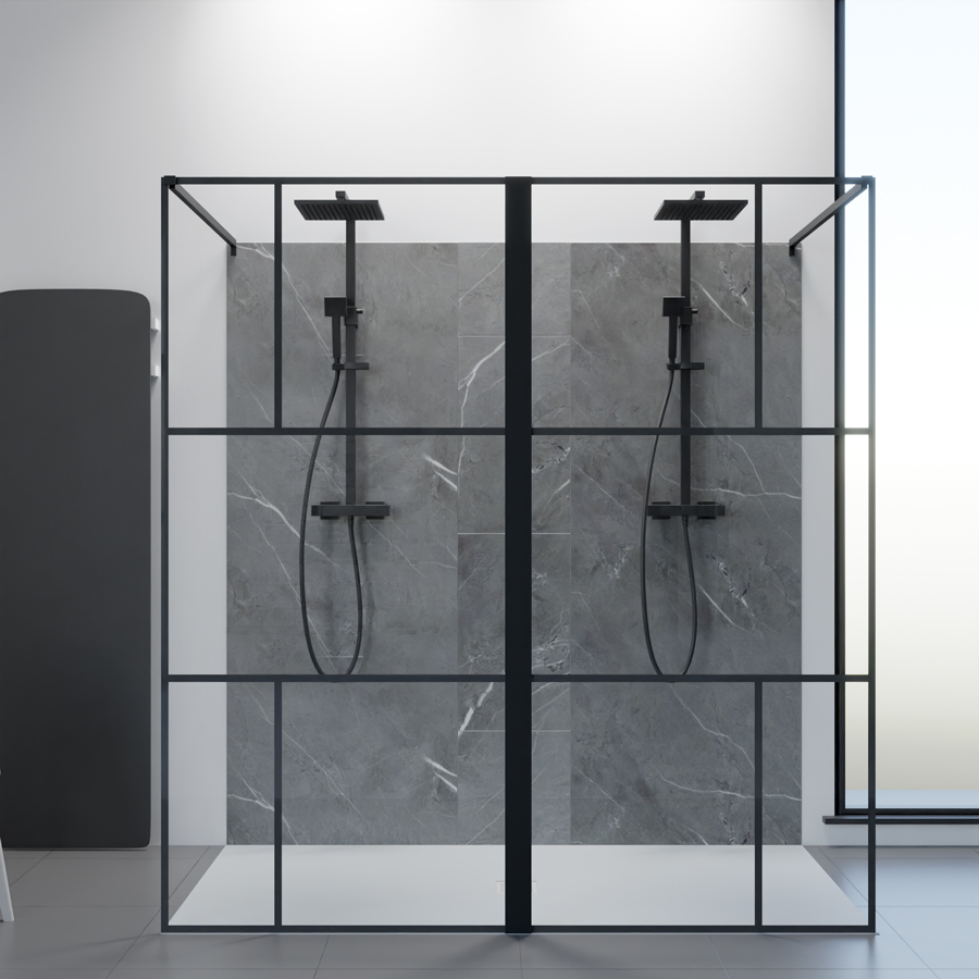 Paroi de douche noire style verrière 190 cm x 200 cm ATELIA double avec deux barre de fixation horizontale