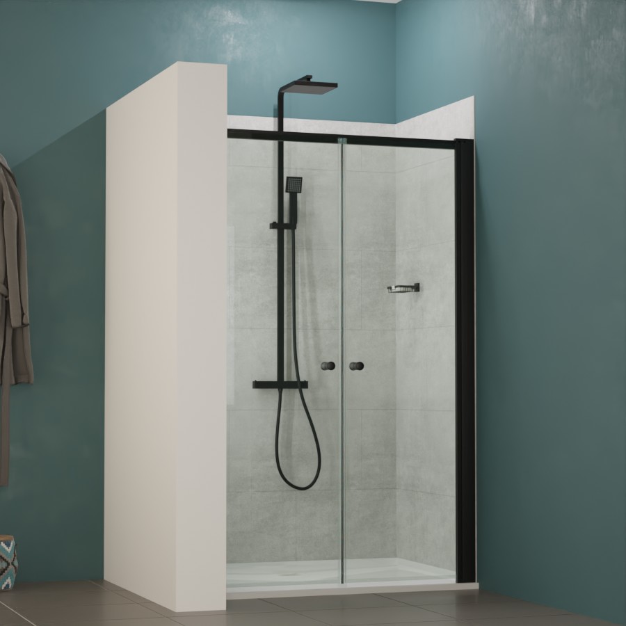Porte de douche ouverture double pivotante ATLANTIC 120 cm x 190 cm cadre alu et poignées finition noir mat 