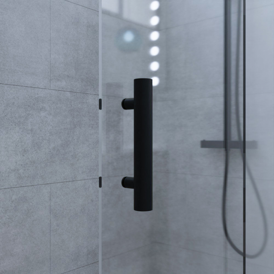 Zoom sur la poignée noire de la porte de douche en verre collection NERINA