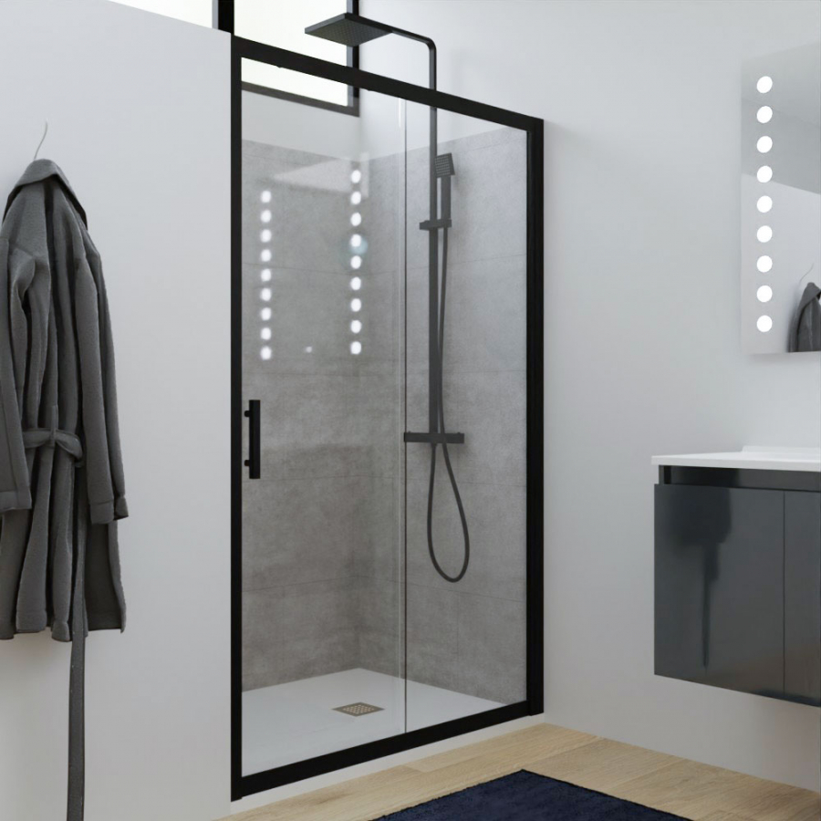 Porte de douche coulissante en verre transparent avec cadre en alu et poignée noire mat collection NERINA 120 cm de largeur 