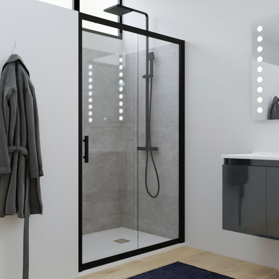 Porte de douche coulissante en verre transparent avec cadre en alu et poignée noire mat collection NERINA 120 cm de largeur
