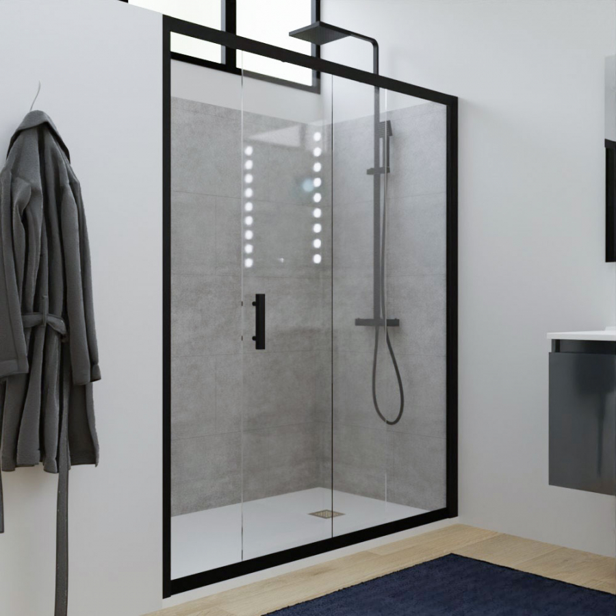 Porte de douche coulissante en verre transparent avec cadre en alu et poignée noire mat collection NERINA 160 cm de largeur 