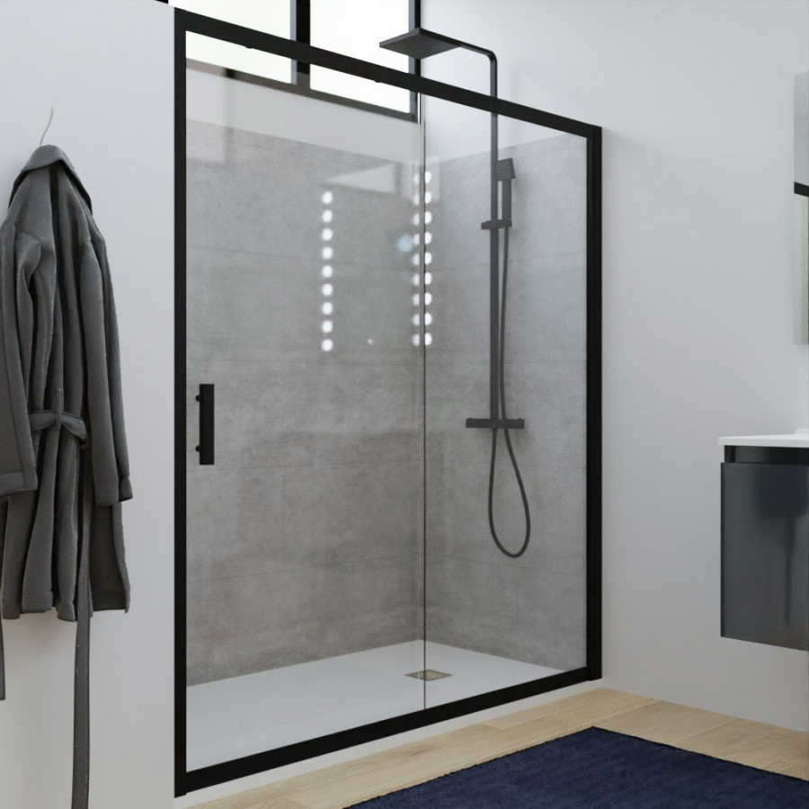 Porte de douche coulissante en verre transparent avec cadre en alu et poignée noire mat collection NERINA 170 cm de largeur 