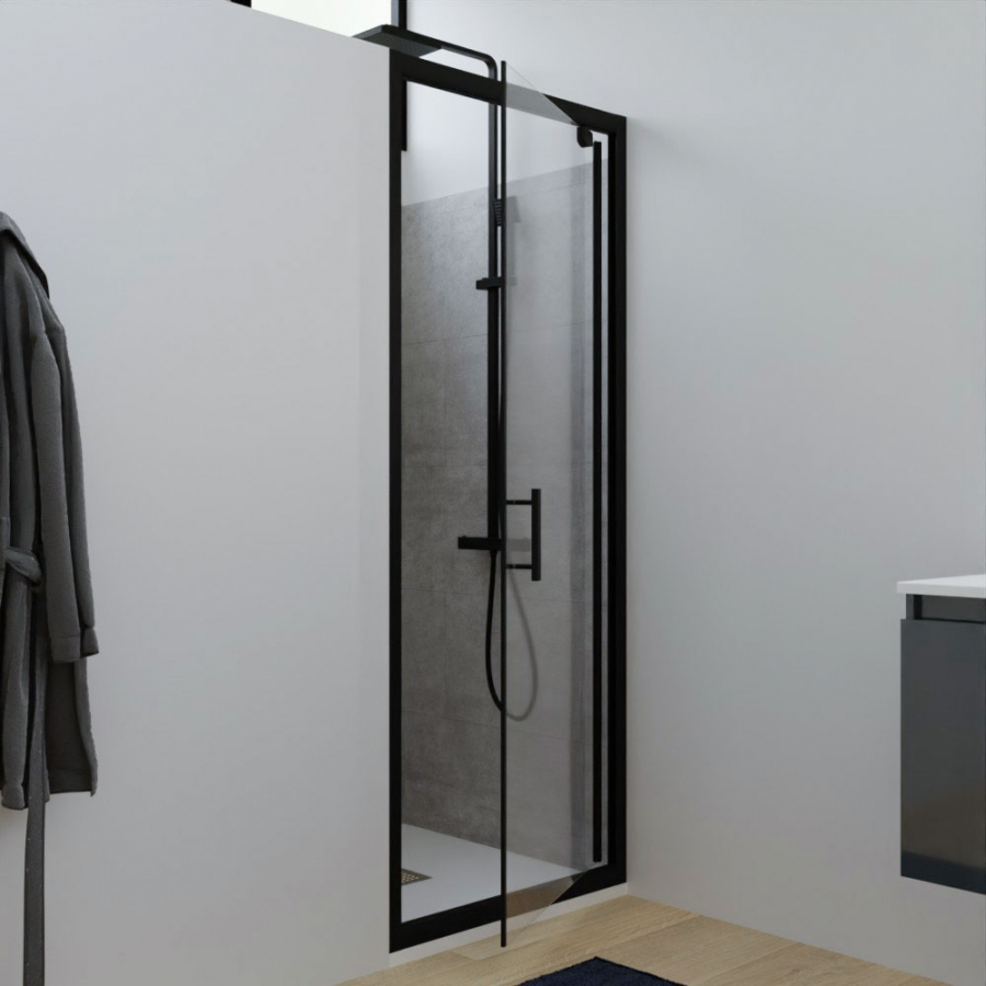 Porte de douche pivotante en verre transparent avec cadre en alu et poignée noire mat collection NERINA dimension 80 cm de largeur et 190 cm de hauteur