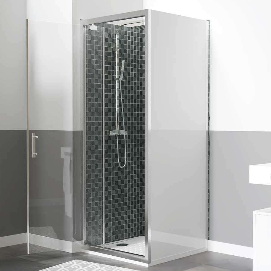 Paroi de douche d'angle avec une porte pivotante NERINA 80 cm + retour fixe blanc 90 cm