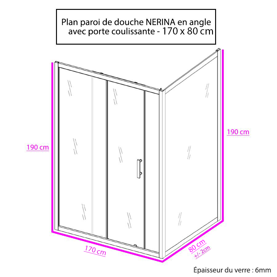 Paroi de douche d'angle avec porte coulissante NERINA 170 cm + retour fixe 80 cm