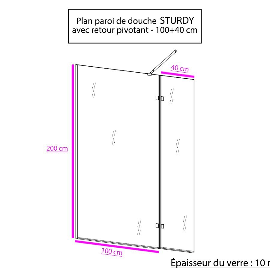 Paroi de douche à l'italienne STURDY en verre 10 mm d'épaisseur largeur 100 cm et retour pivotant de 40 cm 
