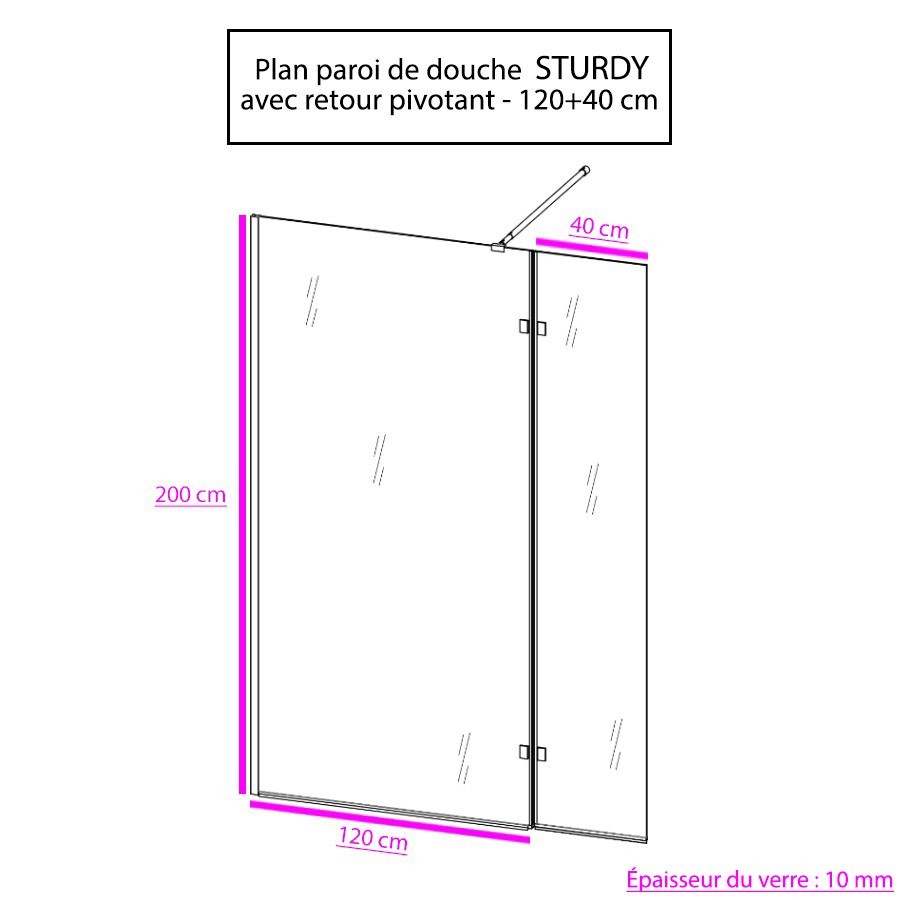 Paroi de douche à l'italienne STURDY en verre sécurit 10 mm d'épaisseur largeur 120 cm + 40 cm retour pivotant